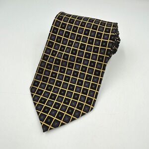 Boca Classics Necktie Navy Yellow Mens 100% Silk Geometric Grid EUC 58 x 3.5 in